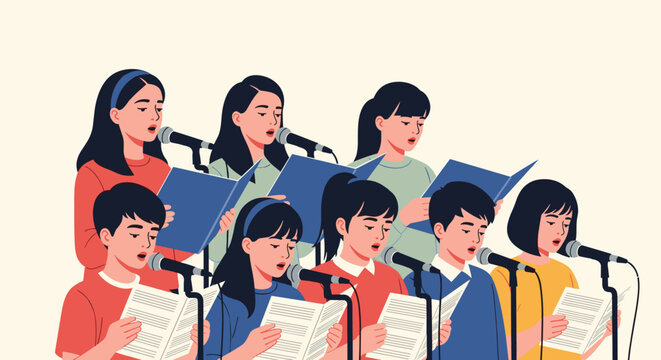 Group of students singing into microphones while holding songbooks during a choral music performance in a studio.