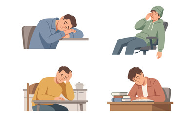Fototapeta premium Exhausted man set studying and working at desk