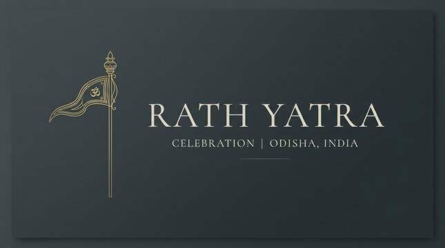 Dark grey background featuring golden hindu pennant flag icon and elegant typography for rath yatra festival celebration.