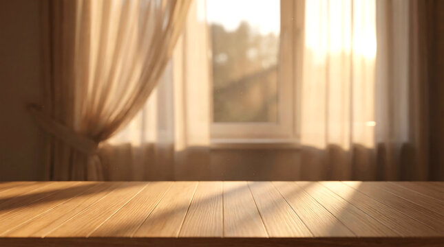 Empty wooden table top on blurred window background with warm sunset sunlight for home interior product display mockup