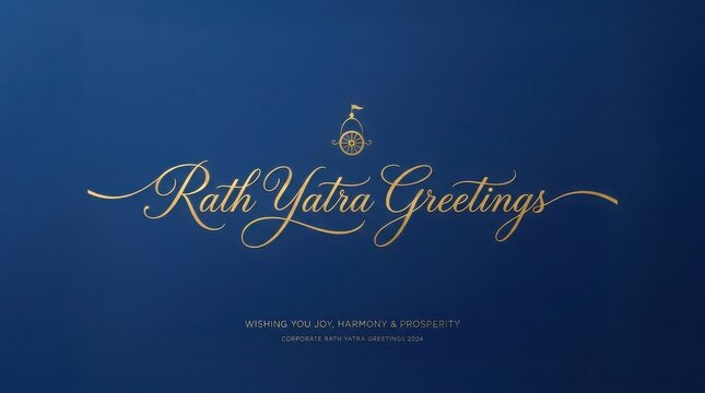 Elegant golden typography greeting card design on navy blue background for corporate festive celebration of rath yatra.