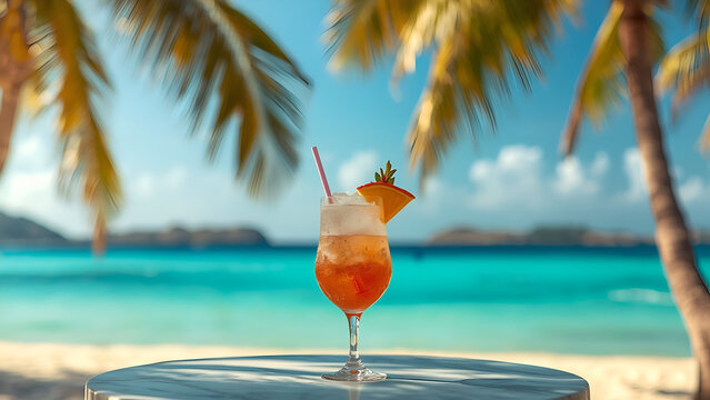 Refreshing tropical cocktail with pineapple and cherry on a wooden table against a beautiful maldives island resort background