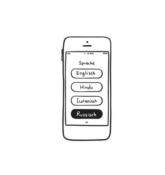 ein Telefon, auf dem die Spracheinstellungen angezeigt werden, vector illustration, hand drawn illustration