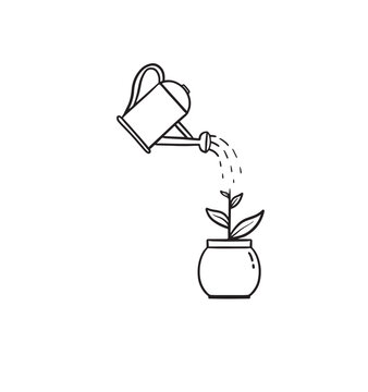 hand drawn icon for watering the plants, watering a plant, pioneer, starting something new, taking care of a plan, vector illustration, hand drawn illustration