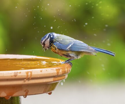 Blue tit (Cyanistes caeruleus) adult bird standing on a bird bath, Lower Saxony, Germany