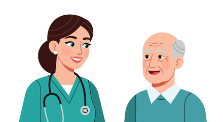 Fototapeta premium An illustration of a smiling female nurse in green scrubs with a stethoscope interacting with a happy elderly man in a blue shirt.