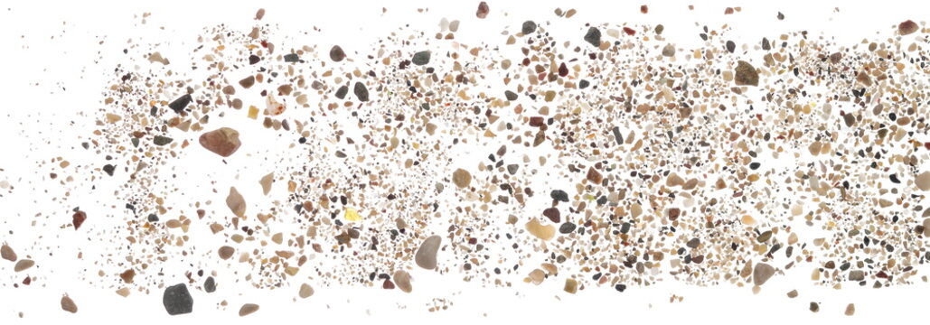 Closeup colorful  stones, rock and sand flying, isolated on white background, clipping path, design element, macro