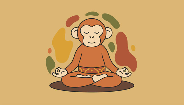 Peaceful monkey character sitting in a cross-legged yoga lotus pose with eyes closed and a calm expression against a warm beige background art.