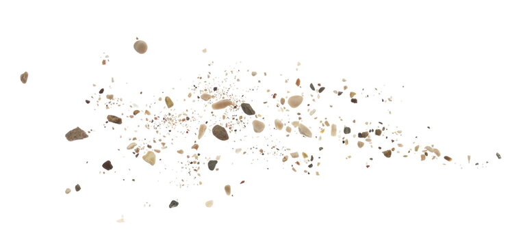 Closeup colorful  stones, rock and sand flying, isolated on white background, clipping path, design element, macro