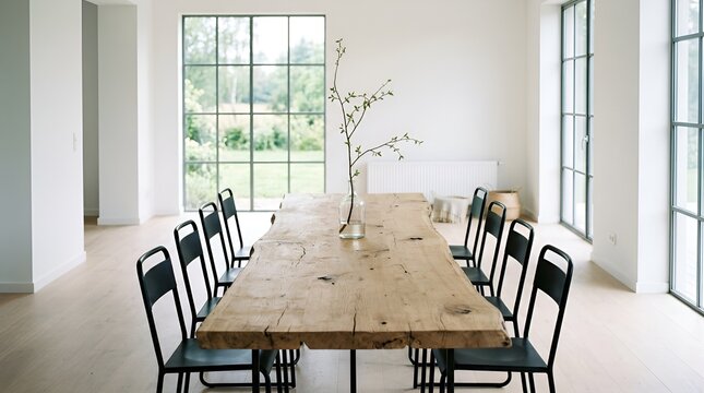 Minimalist Dining Room with Rustic Wooden Table and Modern Chairs, Natural Light, Large Window View