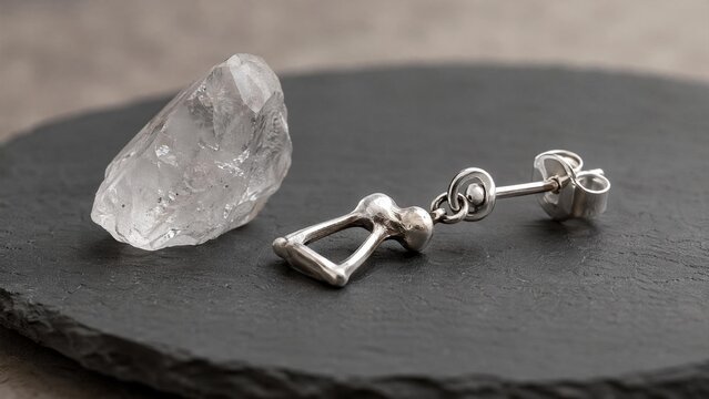 stapes. Sterling silver stapes bone earring and quartz crystal on dark slate, jewelry presentation. lifestyle magazines.