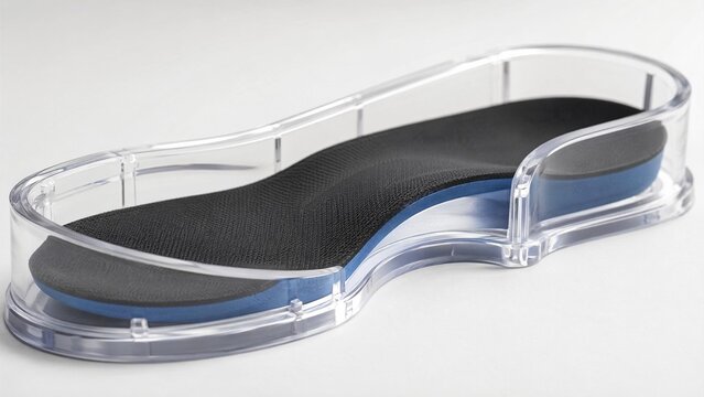 corrective. Orthopedic shoe insert inside a clear mold, showing arch support. product launch decks, UI/UX mockups, designed for data visualization dashboards and holographic UIs.