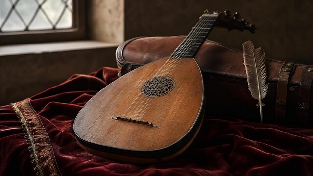 lute. Medieval lute resting on velvet cloth with a feather tucked in its case. event programs, museum guides, designed for cultural heritage projects and event programs, supports education.