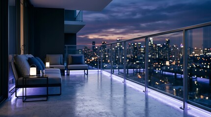 Obraz premium Modern Balcony at Dusk with Cityscape View and LED Lighting