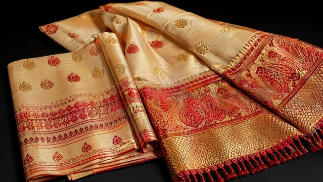 chador. Traditional Assamese silk garment with gold and red patterns on dark background. event programs, museum guides, designed for cultural heritage projects and event programs.