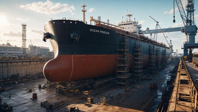 drydock. A colossal ocean freighter secured in a vast concrete drydock with scaffolding. safety posters, maintenance manuals, designed for industrial assembly lines and welding operations.