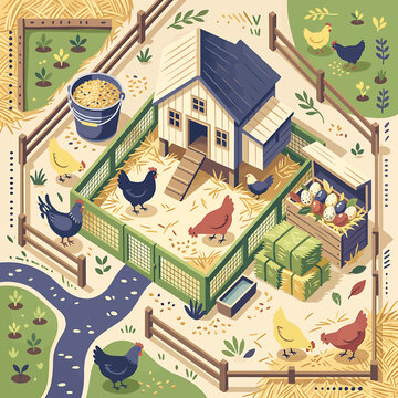 chicken coop with chickens and eggs.