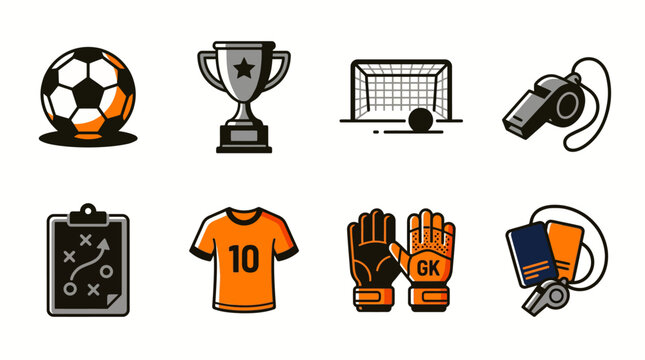 Modern Soccer Icon Pack Orange and Black Duotone Football Element Set with Ball Jersey and Tactics