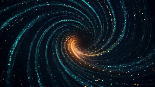 Luminous spiral vortex of blue and orange particles forming a swirling cosmic tunnel and radiant central core, dynamic motion of glowing trails suggesting galactic energy and depth