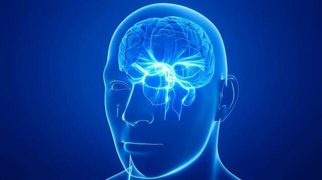 Animated visualization of a human brain with neural connections highlighted. Represents the complexity of human cognition and neurological functions