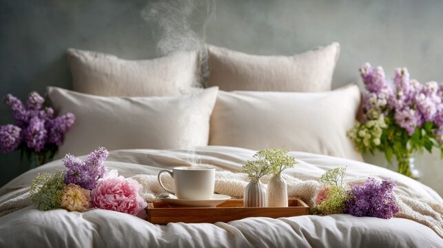 Cozy morning bed with steaming coffee and fresh spring flowers, a perfect start