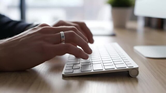 Close-up of businessman hands typing on sleek computer keyboard.