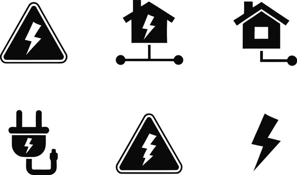 Electrical safety icons set warning signs house plug and lightning