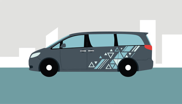 Dark grey modern minivan with geometric decals driving through a stylized city landscape with simple building silhouettes in the background.
