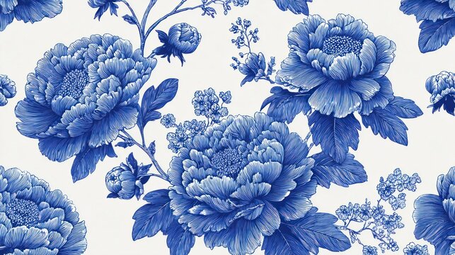 Intricate blue peonies and delicate blossoms create a timeless floral pattern on a white background