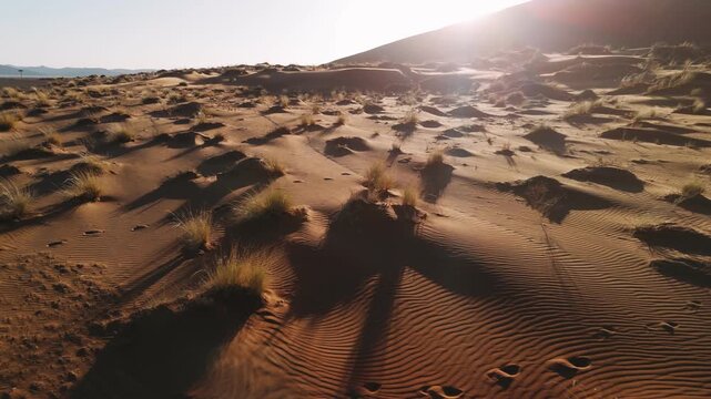 Aerial view of red sand dunes of the namib desert. Amazing african wilderness and pristine nature of namibia