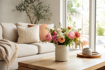 Naklejka premium Modern living room with fresh blooming flowers on table