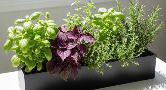 Vibrant assortment of fresh herbs growing in a dark container on a windowsill