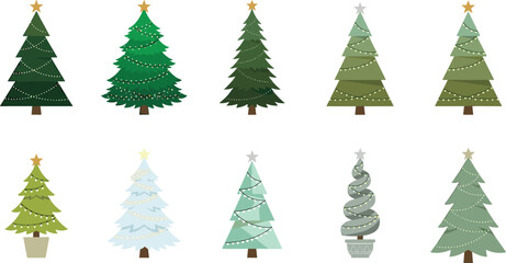 Obraz premium Christmas Tree Icon Set with Decorated Snowy and Spiral Designs for Holiday Xmas Festive Greeting Card and Winter Season Projects