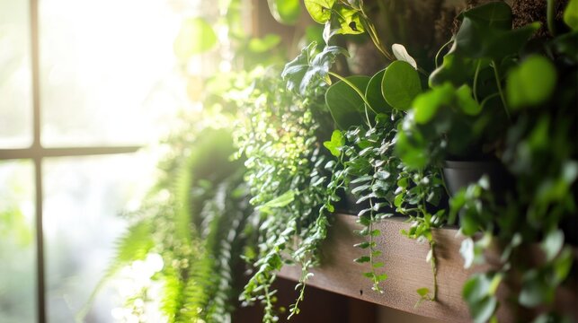 Sunlight streams through a window onto a wooden shelf filled with lush, green houseplants.