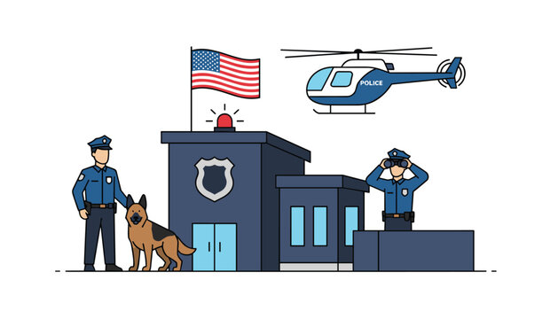 Modern police station scene featuring uniformed officers with a canine partner, a surveillance post, and a police helicopter flying overhead.