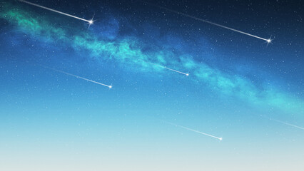 Fototapeta premium Beautiful meteor shower with shooting stars falling across a glowing blue starry night sky and nebula