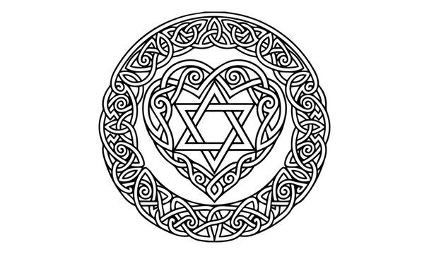 Celtic knot heart with Star of David vector, intricate circular mandala frame, black and white spiritual line art for coloring or tattoo design