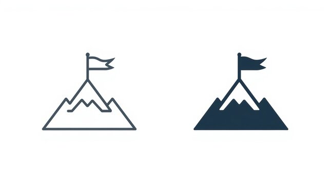 Mountain peak icons with success flag for business achievement and goal reaching