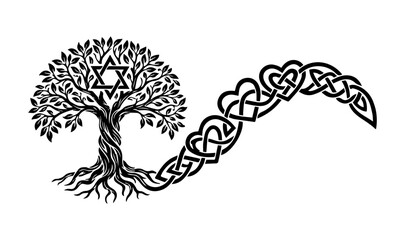 Fototapeta premium Celtic Tree of Life with Star of David and Heart Knotwork, Jewish Heritage Symbol Vector, Mystical Spiritual Tree with Intertwined Roots and Hearts