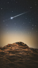 Obraz premium A breathtaking view of a bright shooting star or meteor streaking across a clear, starry night sky above a dark, textured rocky hill. Beautiful cosmic landscape