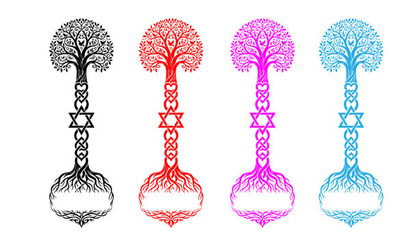 Mystical Tree of Life with Star of David, Sacred Geometry Spiritual Symbols, Ornate Kabbalah Tree Vector Set in Black Red Pink and Blue