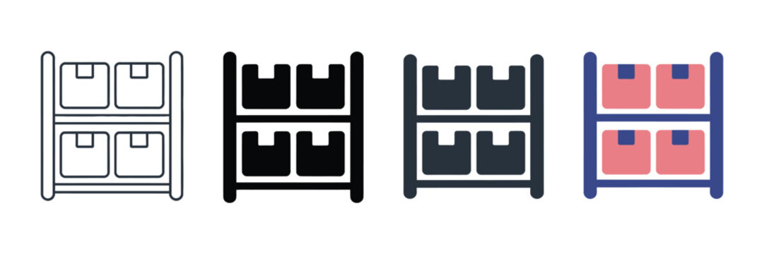 Warehouse shelving unit icons showcasing cardboard boxes in four artistic variations, representing inventory control, storage organization, logistics operations, and supply chain management.