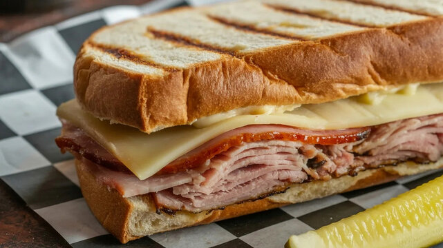 Grilled deli sandwich on checkered paper, toasted bread with roast beef and cheese. Lunch fast food close-up
