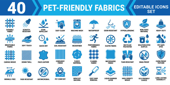 Pet friendly fabrics 40 solid icon set collection editable vector illustration mega pack for textile design