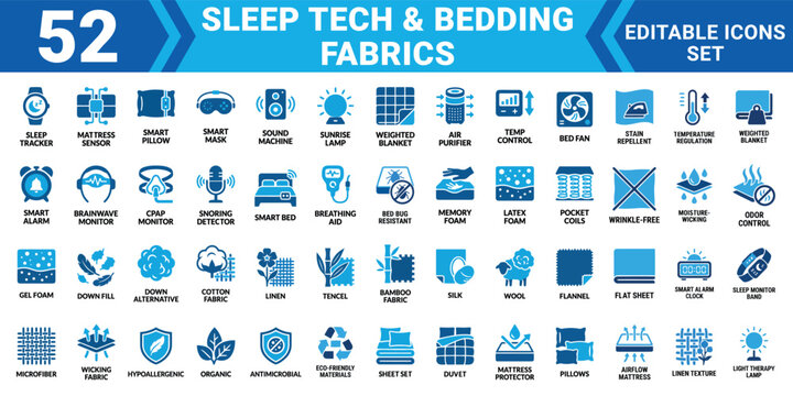 Sleep tech bedding fabrics 52 solid icon set collection editable vector illustration mega pack