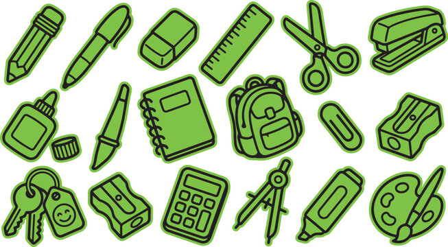 Collection of green hand drawn school supplies and classroom stationery with supplies stationery classroom education scissors notebook backpack paperclip sharpener calculator collection