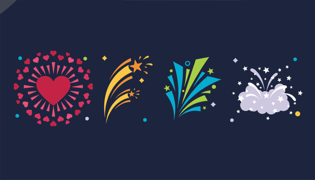 Set of four vibrant and colorful firework display designs including heart shapes, shooting stars, and explosive bursts against a dark background.