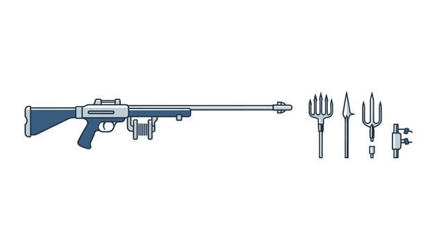 Specialized underwater fishing equipment featuring a blue speargun and a variety of interchangeable metal spearheads and trident tips.