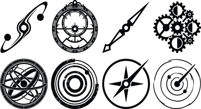 Antique astronomy and steampunk navigation vector stencil set featuring armillary spheres astrolabes celestial maps moon phase gears and compass dials