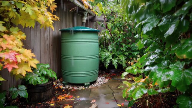 Rain barrel collects water from gutter in backyard during wet season surrounded by plants and foliage near wooden fence